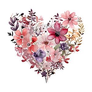 Wildflowers in the shape of a watercolor heart. Vector illustration design