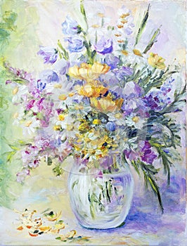 Wildflowers in vase, oil painting