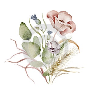 Wildflowers watercolor bouquet. Illustration set of floral bouquet