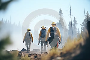wildland fire crew hiking towards smoke in distance