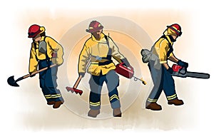 Wildland Firefighters vector illustration set