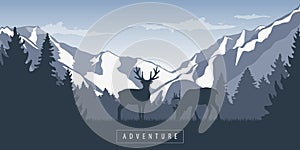 Wildlife adventure elk in the wilderness forest at snowy mountain landscape