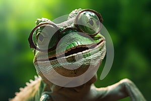 wildlife animal lizard glasses reptile green close-up iguana scale portrait. Generative AI.