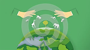 Wildlife animals are around the world. Minimalism deign in paper cut and craft style. Art digitalcraft for world environment day