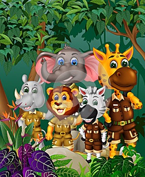 Wildlife Animals In Forest With Tropical Plant Flower Cartoon