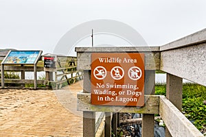 Wildlife area, No swimming, wading or dogs in the Lagoon sign posted on the shorelines of Rodeo Lagoon in Marin Headlands, North photo