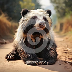 Wildlife Asia. Cute animal on the road Asia forest. Sloth bear Melursus ursinus Ranthambore National Park India