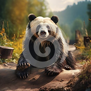 Wildlife Asia. Cute animal on the road Asia forest. Sloth bear Melursus ursinus Ranthambore National Park India