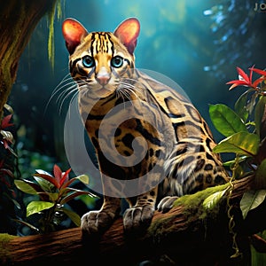 Wildlife in Costa Rica. Nice cat margay sitting on the branch in the costarican tropical forest. Detail of ocelot nice