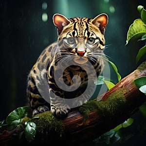 Wildlife in Costa Rica. Nice cat margay sitting on the branch in the costarican tropical forest. Detail of ocelot nice