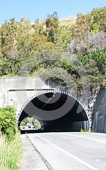 Wildlife crossing bridge. Road leading to a mountain tunnel