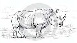 Rhino Sketch Drawing in Savannah Landscape