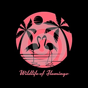 Wildlife of flamingo with flamingos on sea and coconut tree in circle banner sign vector design