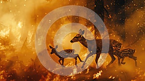 Wildlife fleeing: a deer and fawns dash from a fierce fire, with smoke and flames behind. Forest fires