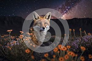 Wildlife, Fox in the Flower Meadow, Mountains Background, Milky Way Starry Night Sky, Generative AI