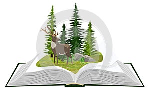 Wildlife and its study. A large open book with a forest landscape. Reindeer in its habitat.