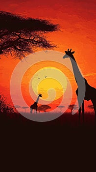 Wildlife liberty Giraffe silhouettes in savanna at sunset, vector illustration