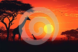 Wildlife liberty Giraffe silhouettes in savanna at sunset, vector illustration