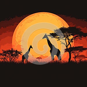 Wildlife liberty Giraffe silhouettes in savanna at sunset, vector illustration