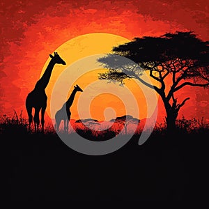Wildlife liberty Giraffe silhouettes in savanna at sunset, vector illustration