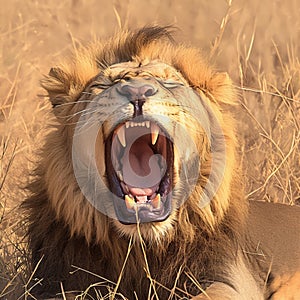 Wildlife majesty roaring male lion in the iconic Kruger Park