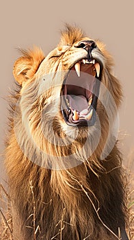 Wildlife majesty roaring male lion in the iconic Kruger Park