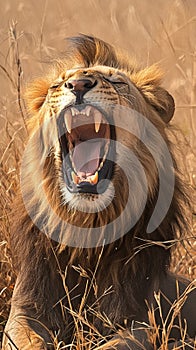 Wildlife majesty roaring male lion in the iconic Kruger Park