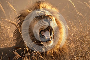 Wildlife majesty roaring male lion in the iconic Kruger Park