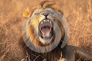 Wildlife majesty roaring male lion in the iconic Kruger Park