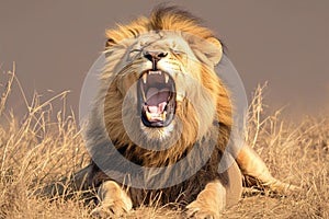 Wildlife majesty roaring male lion in the iconic Kruger Park