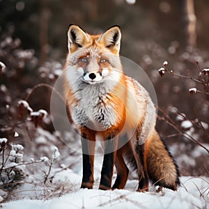 Wildlife photograph of a fox with red fur in nature wilderness in winter