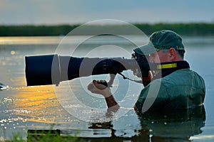 Wildlife photographer outdoor, standing in the water