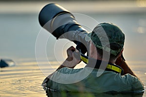 Wildlife photographer outdoor, standing in the water