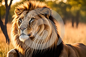 wildlife photography of an African lion sitting , brown grass sun set
