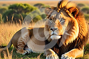 wildlife photography of an African lion sitting , brown grass sun set