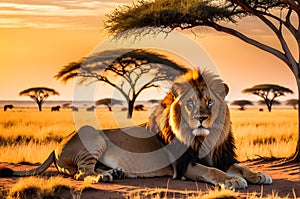 wildlife photography of an African lion sitting , brown grass sun set