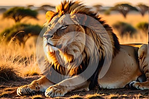 wildlife photography of an African lion sitting , brown grass sun set