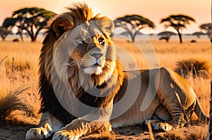 wildlife photography of an African lion sitting , brown grass sun set