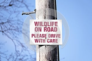 Wildlife on road drive slow with care safety sign in rural countryside UK