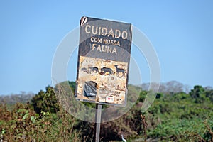 Wildlife Road Sign at the Transpantaneira, Pantanal, Mato Grosso, Brazil, South America