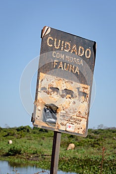 Wildlife Road Sign at the Transpantaneira, Pantanal, Mato Grosso, Brazil, South America