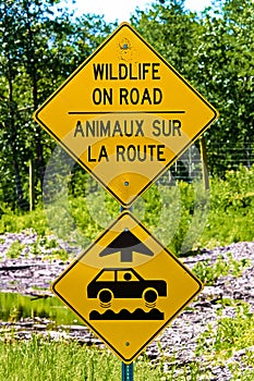 Wildlife on road warning sign with bumps ahead