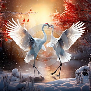 Wildlife scene from winter Asia. Two bird in flight.Two cranes in fly with swans. Flying white birds Red-crowned crane Grus