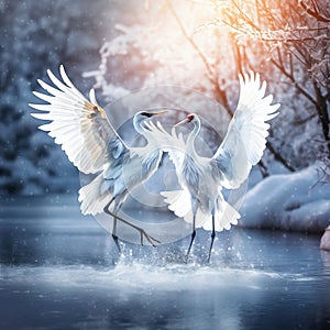Wildlife scene from winter Two bird in cranes in fly with Flying white birds Grus