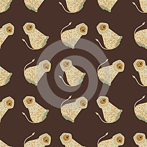 Wildlife seamless animal pattern with beige hand drawn lion shapes. Brown background. Kids style