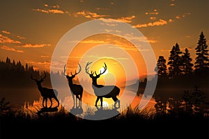 Wildlifes serenity Deer silhouettes in a stunning, light drenched meadow