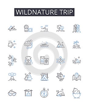 Wildnature trip line icons collection. Grand adventure, Daring endeavor, Bold expedition, Thrilling escapade, Intrepid