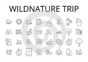 Wildnature trip line icons collection. Grand adventure, Daring endeavor, Bold expedition, Thrilling escapade, Intrepid