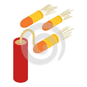 Wildwest weapon icon isometric vector. Dynamite stick with wick flying bullet