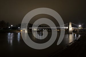 The Wilford Suspension Bridge at night in Nottingham